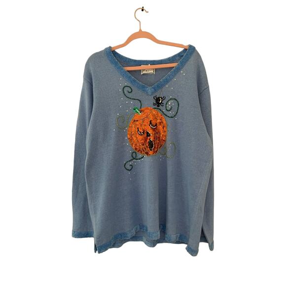 Vintage Halloween Sequin Jack O Lantern Pumpkin Coastal Grandma Sweater - Picture 10 of 13